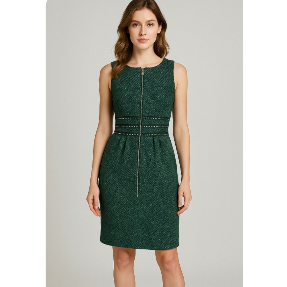 Anthropologie Eva Franco Green Gold Tweed Zip Front Sheath Dress Size 2